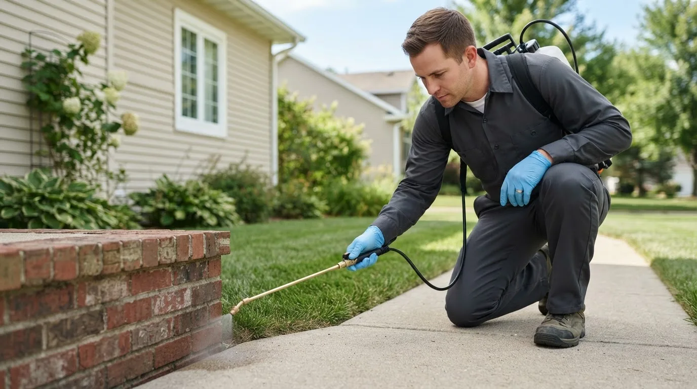 Pest control technician treating a home near Fairbanks, AK